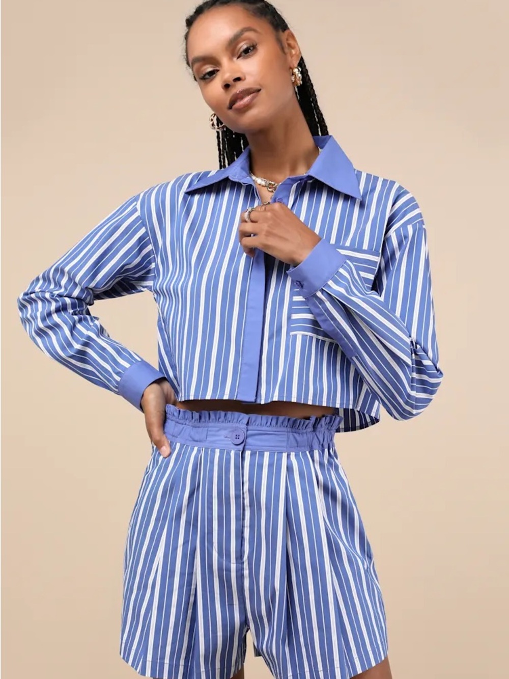 Lulus Playful Babe Blue and White Striped Cropped Button-Up Top